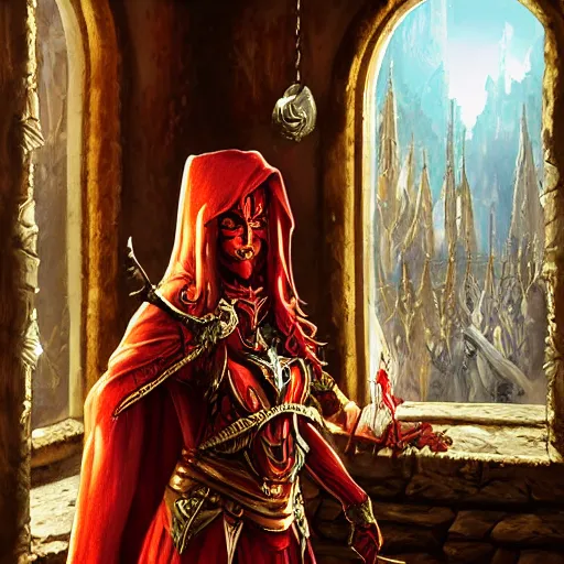 Image similar to blood knight, fantasy art, located in a castle, morning sunlight through the window, decorated, high quality, highly detailed, closeup