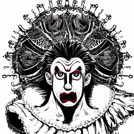 Image similar to 4K headshot of godlike clown with clown nose and defined arms and open hands and bloody clothes with giant mandala wings , intricate runny clown face make-up , flawless anime cel animation by Kentaro Miura, psychedelic , highly detailed upper body , professionally post-processed , beautiful, scary, symmetry accurate features, epic, octane rendered, anime masterpiece, accurate