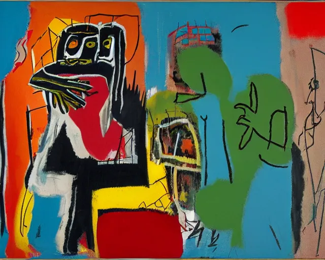 Image similar to painting of two people hugging by graham sutherland, basquiat, neo - expressionism, muted colors!!!