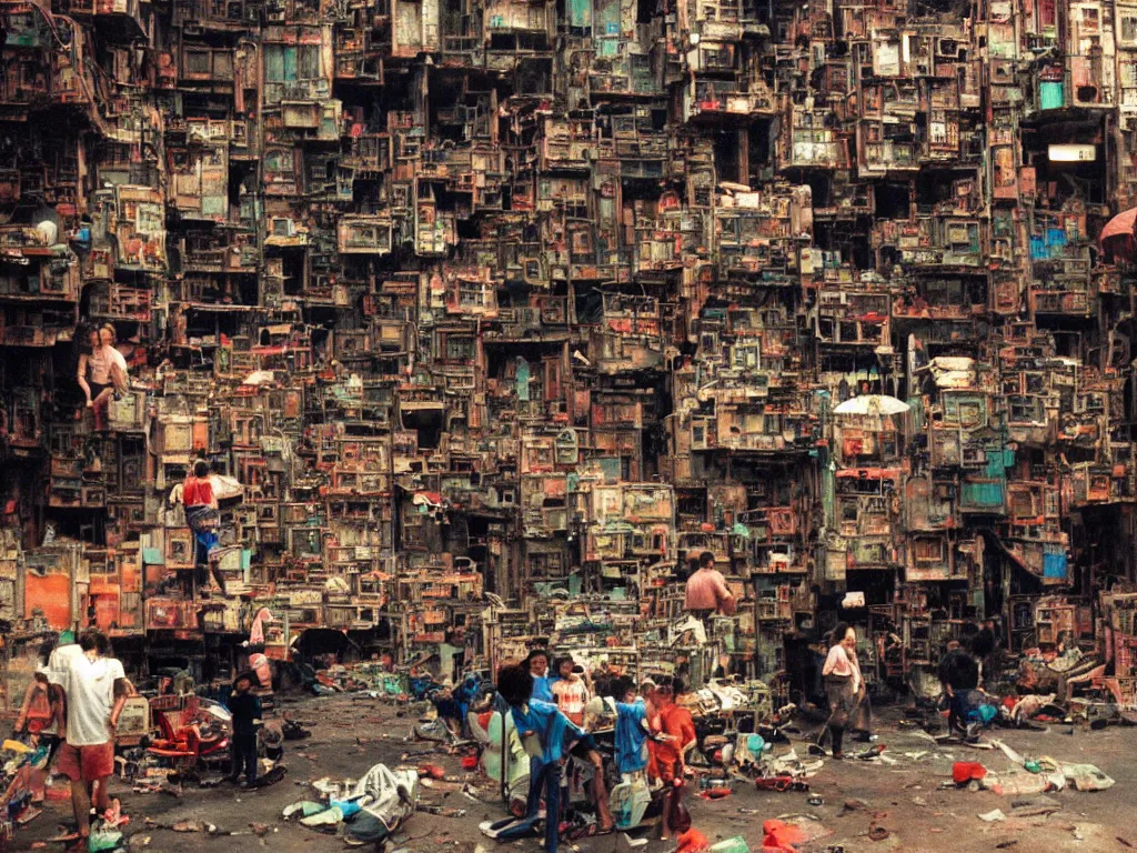 Prompt: closeup 1 9 8 8 photo of : inside the labyrinthine “ kowloon walled city ”, children are playing colorful video games in a narrow cramped dense indoor arcade. the arcade is full of industrial machinery, and is tattered and dirty. full - color professional journalistic photography from “ time ” magazine.