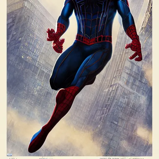 Image similar to ryan reynolds as spider - man, wearing a black and blue suit, cinematic, volumetric lighting, f 8 aperture, cinematic eastman 5 3 8 4 film, photorealistic by greg rutkowski, by stanley artgerm, by alphonse mucha