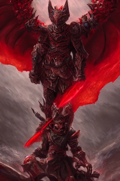 Prompt: a crimson mage riding a large bat as a dar souls boss, digital painting, trending on artstation, 8k, epic composition, intricate details, sharp focus