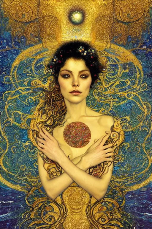 Image similar to Visions of Paradise by Karol Bak, Jean Deville, Gustav Klimt, and Vincent Van Gogh, visionary, otherworldly, fractal structures, infinite celestial wings, ornate gilded medieval icon, third eye, spirals, heavenly spiraling clouds with godrays, airy colors