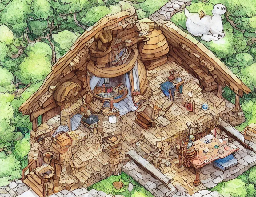 Image similar to cute and funny, a magicians cabin carved into a mountain, centered award winning watercolor pen illustration, isometric illustration by chihiro iwasaki, edited by range murata, sharply focused