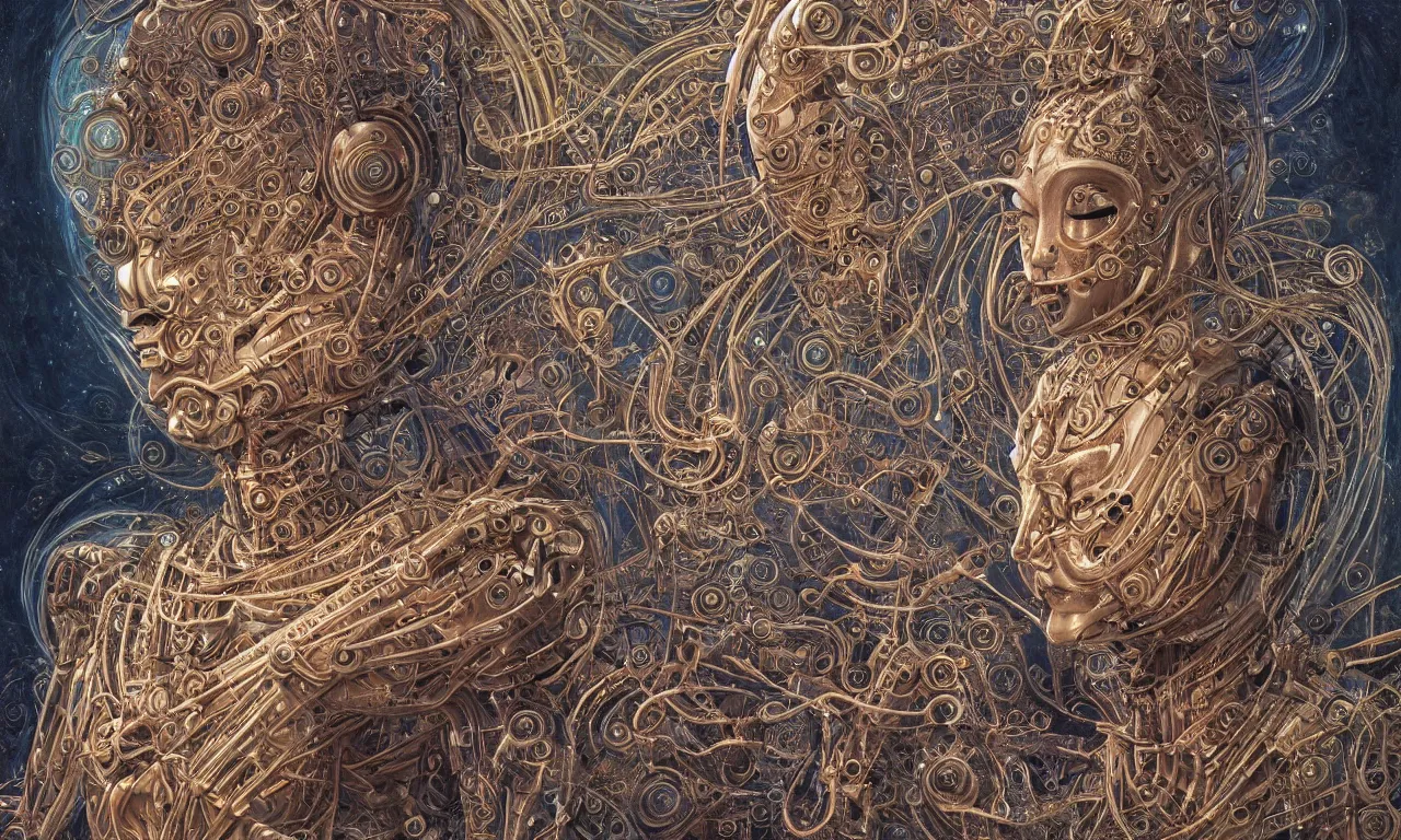 Image similar to perfectly a biomechanical android alien robot female buddha with, flowing hair, intense stare, sarcastic smile, teaching humans on enlightenment, concept art, intricate detail, volumetric shadows and lighting, oil painting by alex grey and gustave dore,