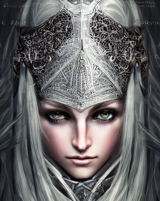 Prompt: highly detailed sharp portrait of a beautiful female hunter with shimmering hair, symmetrical face and eyes, dressed in intricate silver, cgsociety, Elden Ring, Dark Souls, Bloodborne