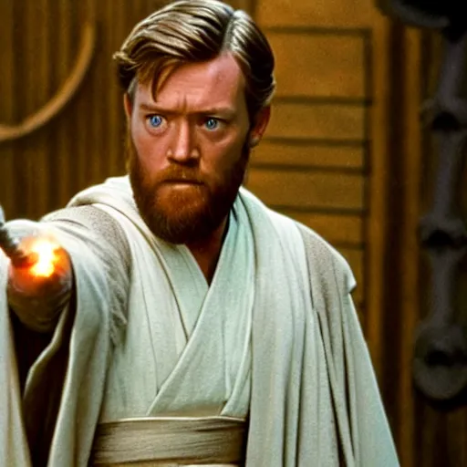 Prompt: film still, obi wan kenobi in the last harry potter movie,