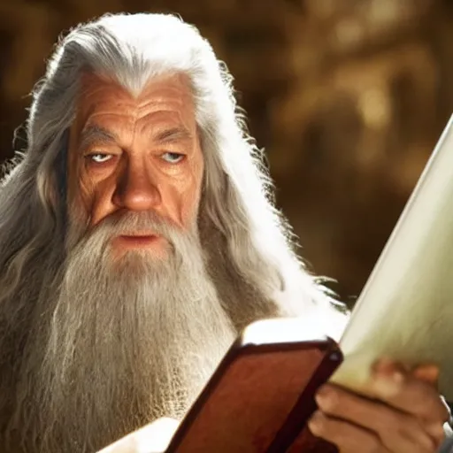 Image similar to Gandalf using the internet to look for information about the One Ring