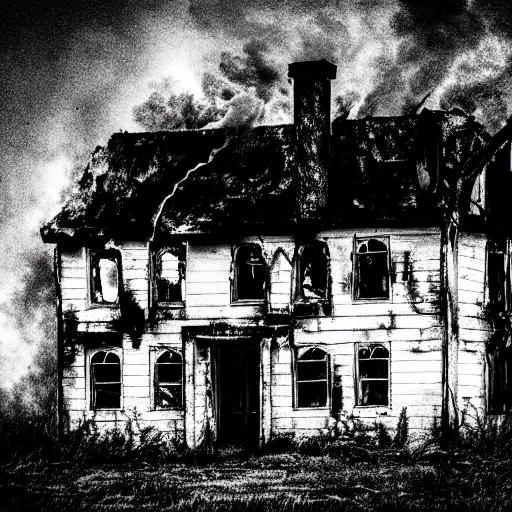 Image similar to black and white storybook illustration of an abandoned house burning, storybook illustration, monochromatic, black and white