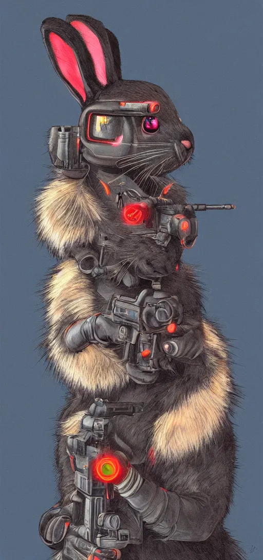 Image similar to portrait of neon fur rabbit with red eyes and a machine gun , 8k, highly detailed, sharp, realistic, in style of Brom