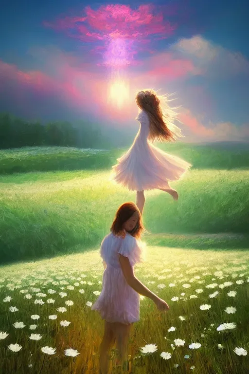 Image similar to veil of giant white daisy flower as head, girl dancing in a flower field, surreal photography, sunrise, dramatic light, impressionist painting, colorful clouds, digital painting, artstation, simon stalenhag