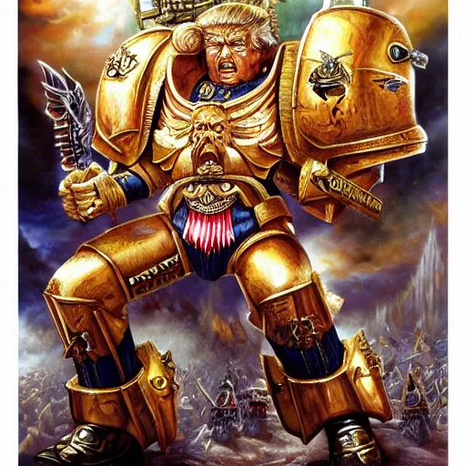 Image similar to donald trump as the god emperor of mankind, warhammer 4 0 k universe, immense detail, by john blanche