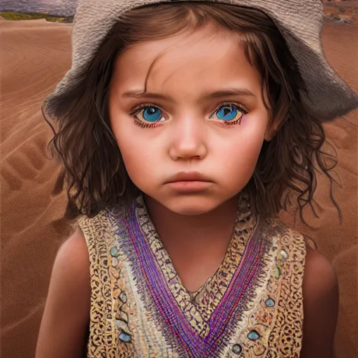 Prompt: a detailed portrait of a little girl in the desert, art illustration, incredibly highly detailed and realistic, 8 k, sharp focus