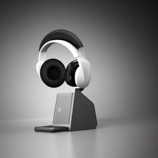 Image similar to wireless headphone stand, futuristic, techno, cyberpunk, product design, render, concept