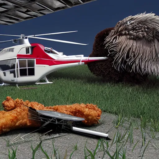 Image similar to a crashed helicopter next to a giant fried chicken, 8k resolution, amazing detail