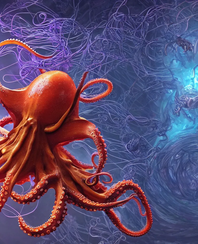 Image similar to close-up portrait of an octopus in a twisted flowers octopus mask in a spaceman suit surrounded by energy flow, epic angle and pose, symmetrical artwork, 3d with depth of field, blurred background, floating octopus skull phoenix bird, translucent, nautilus, energy flows of water and fire. a highly detailed epic cinematic concept art CG render. made in Maya, Blender and Photoshop, octane render, excellent composition, cinematic dystopian brutalist atmosphere, dynamic dramatic cinematic lighting, aesthetic, very inspirational, arthouse. y Greg Rutkowski, Ilya Kuvshinov, WLOP, Stanley Artger Lau, Ruan Jia and Fenghua Zhong