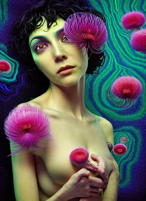 Image similar to hyper detailed 3d render like a Oil painting - Ramona Flowers with wavy black hair wearing thick mascara seen out Eating of the Strangling Strangling network of colorful yellowcake and aerochrome and milky and Her staring intensely delicate Hands hold of gossamer polyp blossoms bring iridescent fungal flowers whose spores black the foolish stars by Jacek Yerka, Mariusz Lewandowski, silly playful fun face, Houdini algorithmic generative render, Abstract brush strokes, Masterpiece, Edward Hopper and James Gilleard, Zdzislaw Beksinski, Mark Ryden, Wolfgang Lettl, Dan Hiller, hints of Yayoi Kasuma, octane render, 8k