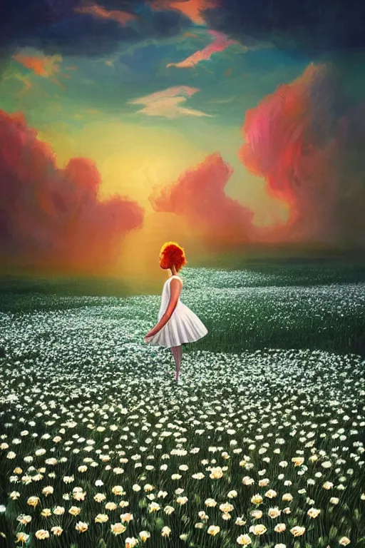 Image similar to large white daisy flower as head, girl dancing in a flower field, surreal photography, sunrise, dramatic light, impressionist painting, colorful clouds, digital painting, artstation, simon stalenhag