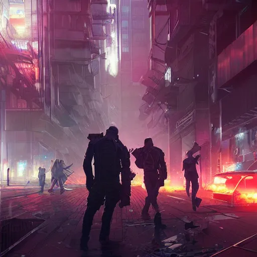 Image similar to angry cyberpunk rioters, detailed digital illustration by greg rutkowski, android netrunner