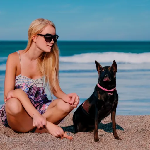 Prompt: blonde girl with a dog sitting by the beach