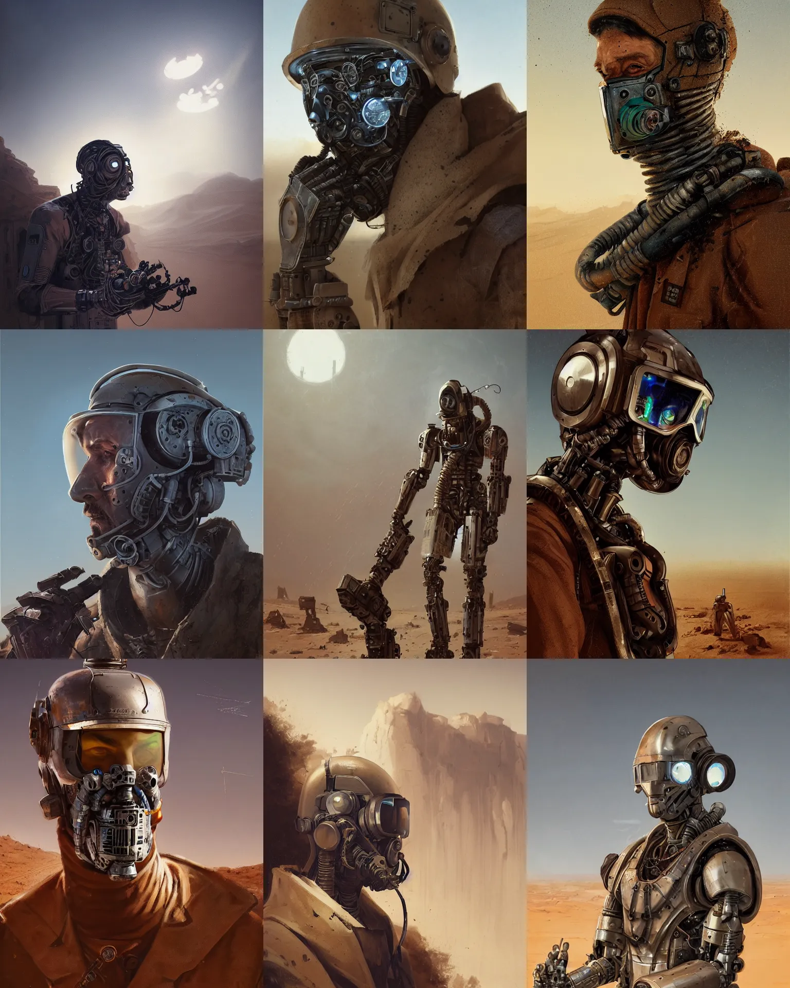 Prompt: a masked rugged engineer man with cybernetic enhancements lost in the desert, scifi character portrait by greg rutkowski, esuthio, craig mullins, 1 / 4 headshot, cinematic lighting, dystopian scifi gear, gloomy, profile picture, mechanical, half robot, implants, dieselpunk