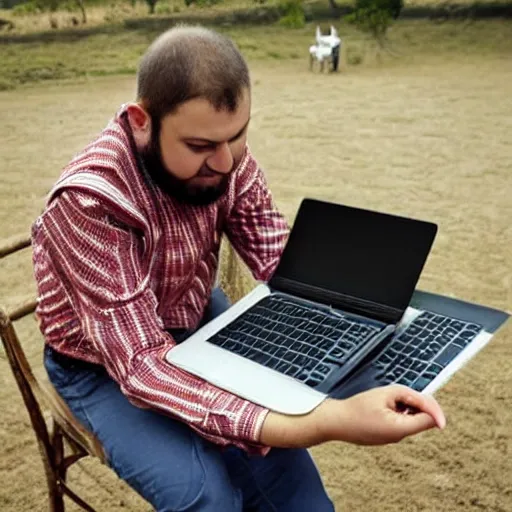 Image similar to typical IT specialist in traditional tatar outfit, working on a laptop while sitting on a horse, horse has Opel logo printed on it.