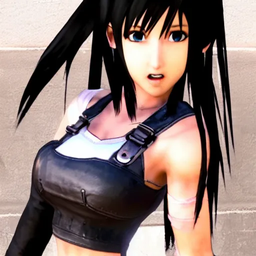 Image similar to Tifa Lockhart from Final Fantasy VII Remake (2020) laughing in Italy