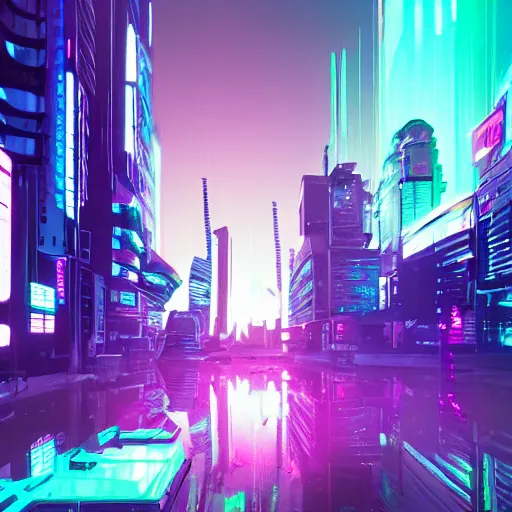 Image similar to cyberpunk city by beeple, purple and blue, neon lights