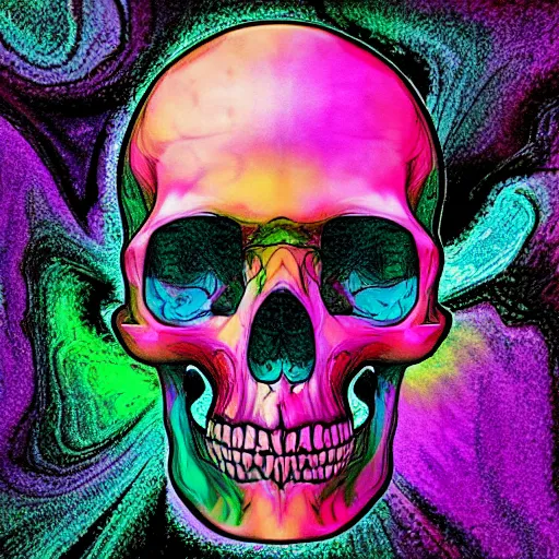 Prompt: human skull, trippy, glitch, psychedelic, melting wax,