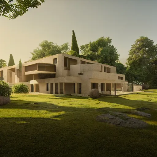 Image similar to beige rectangular house with big courtyard, roman villa, collumns, on a hill surrounded by big trees, dramatic lighting, artstation, matte painting, raphael lacoste, simon stalenhag, frank lloyd wright, zaha hadid, drone view