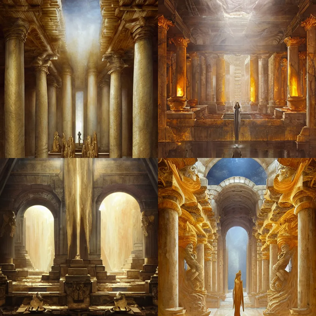 Prompt: inside the temple of mirros, roman sculptures, fresco, shiny crystalline columns reflecting gold ambient, by Christophe Vacher and Bastien Lecouffe-Deharme