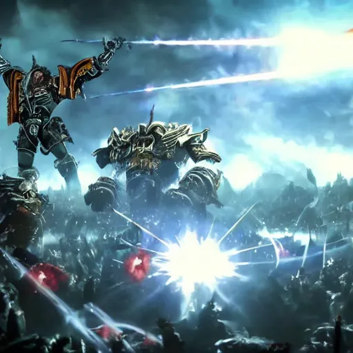 Image similar to The Emperor of mankind together with the primarchs are fighting against the Orcs. Epic battle, brutal style, super quality, 4k