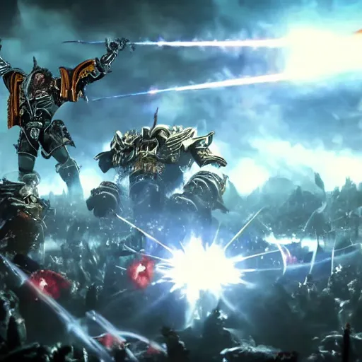 Prompt: The Emperor of mankind together with the primarchs are fighting against the Orcs. Epic battle, brutal style, super quality, 4k