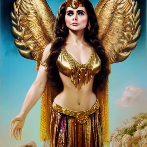 Image similar to a detailed fantasy character portrait of soad hosny as goddess of cinema by lauri blank, artgerm, evelyn de morgan, 8K, 50mm lens