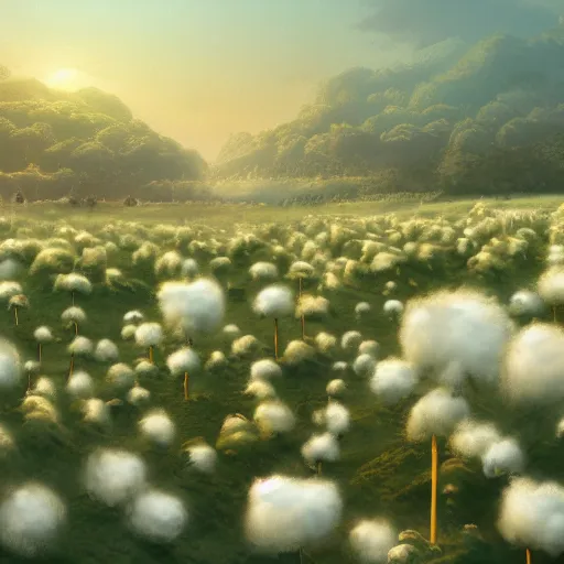 Image similar to a detailed matte painting of a field of cotton candy plants, cgsocidety, fantasy art