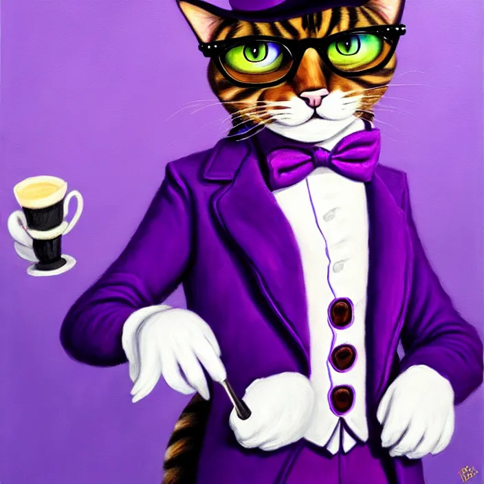 Image similar to an anthropomorphic purple male cat fursona dressed as willy wonka, furry, oil on canvas, soft colors, cute