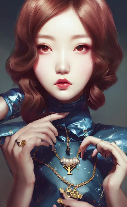 Image similar to a pin up and beautiful fashion charming dreamlke korea girl with lv jewelry, character art, art by artgerm lau and kyoung hwan kim and and ilya kuvshinov and john singer sargent, hyperdetailed, 8 k realistic, symmetrical, frostbite 3 engine, cryengine, dof, trending on artstation, digital art