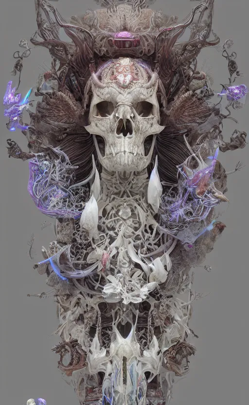 Image similar to goddess close-up portrait ram skull, thorax, x-ray, backbone, phoenix head, nautilus, orchid, skull, betta fish, bioluminiscent creatures, intricate artwork by Tooth Wu and wlop and beeple. octane render, trending on artstation, greg rutkowski very coherent symmetrical artwork. cinematic, hyper realism, high detail, octane render, 8k, green and orange tones