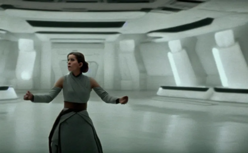 Image similar to screenshot portrait Leia learning the force at Jedi Temple scene from the last jedi, 1970s film by Stanley Kubrick, serene, iconic scene, stunning cinematography, hyper detailed, sharp, anamorphic lenses, kodak color film, 4k