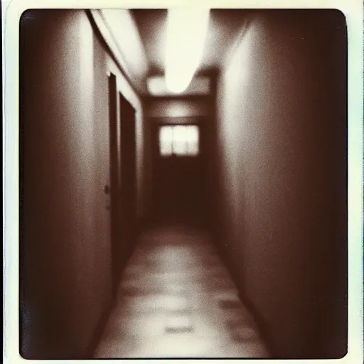 Prompt: A creepy polaroid photo of Big Bird chasing you down a hallway