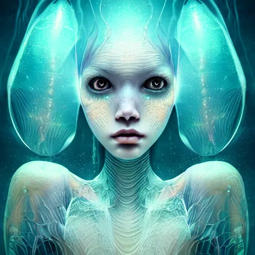 Image similar to ultra realistic horror photo of translucent female alien creature underwater, very intricate details, focus, model pose, artwork by anna dittmann, award winning