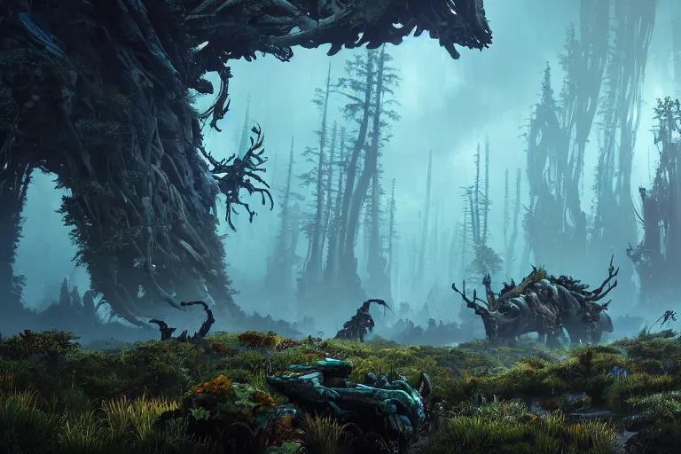 Image similar to wide epic shot from horizon forbidden west. a hyper detailed organic mechanic creatuve realistic similar look as horizon forbidden west horizon zero dawn, bioluminiscence in a dark deep forest at dawn in spring, with reflection and textures, by kilian eng, substance painter reaslitic mech surface metal painted scratches, world env from horizon forbidden west horizon zero dawn