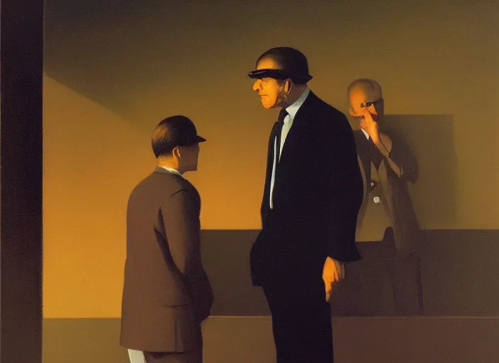 Image similar to portrait painting of two business men making a deal, science fiction, Edward Hopper and James Gilleard, Zdzislaw Beksinski, highly detailed