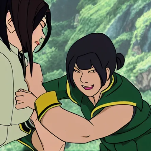 Image similar to cinematic candid shot of Toph Beifong bonebending a fugitive