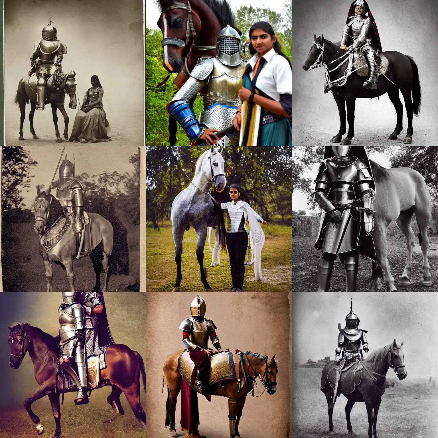 Prompt: A young Indian female medieval knight, in a suit of armour, next to her horse, photography