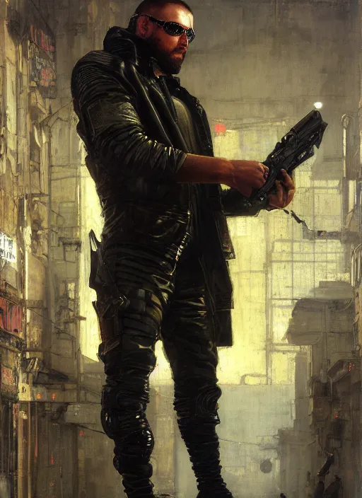 Image similar to big mike. cyberpunk hacker wearing a military vest and combat gear. (Cyberpunk 2077, bladerunner 2049). Iranian orientalist portrait by john william waterhouse and Edwin Longsden Long and Theodore Ralli and Nasreddine Dinet, oil on canvas. Cinematic, hyper realism, realistic proportions, dramatic lighting, high detail 4k