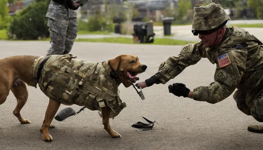 Image similar to a soldier sends a dog to attack a cyborg