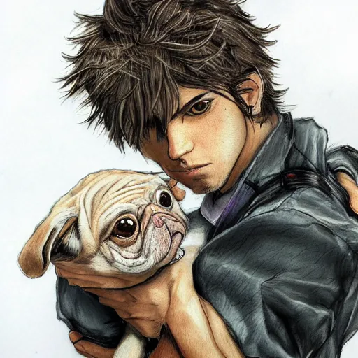 Image similar to self portrait, young white hispanic handsome man with short light brown hair and light skin and a 5 o clock shadow and holding a pug while fighting against 2 swordsmen pencil art, added detail, high definiton, colored, backfacing, illustrated by yoji shinkawa