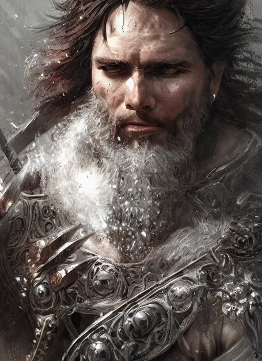 Image similar to realistic portrait painting of a male fantasy barbarian warrior, old mystic ruins, afternoon, intricate, elegant, highly detailed, digital painting, sharp, focus, by artgerm and greg rutkowski