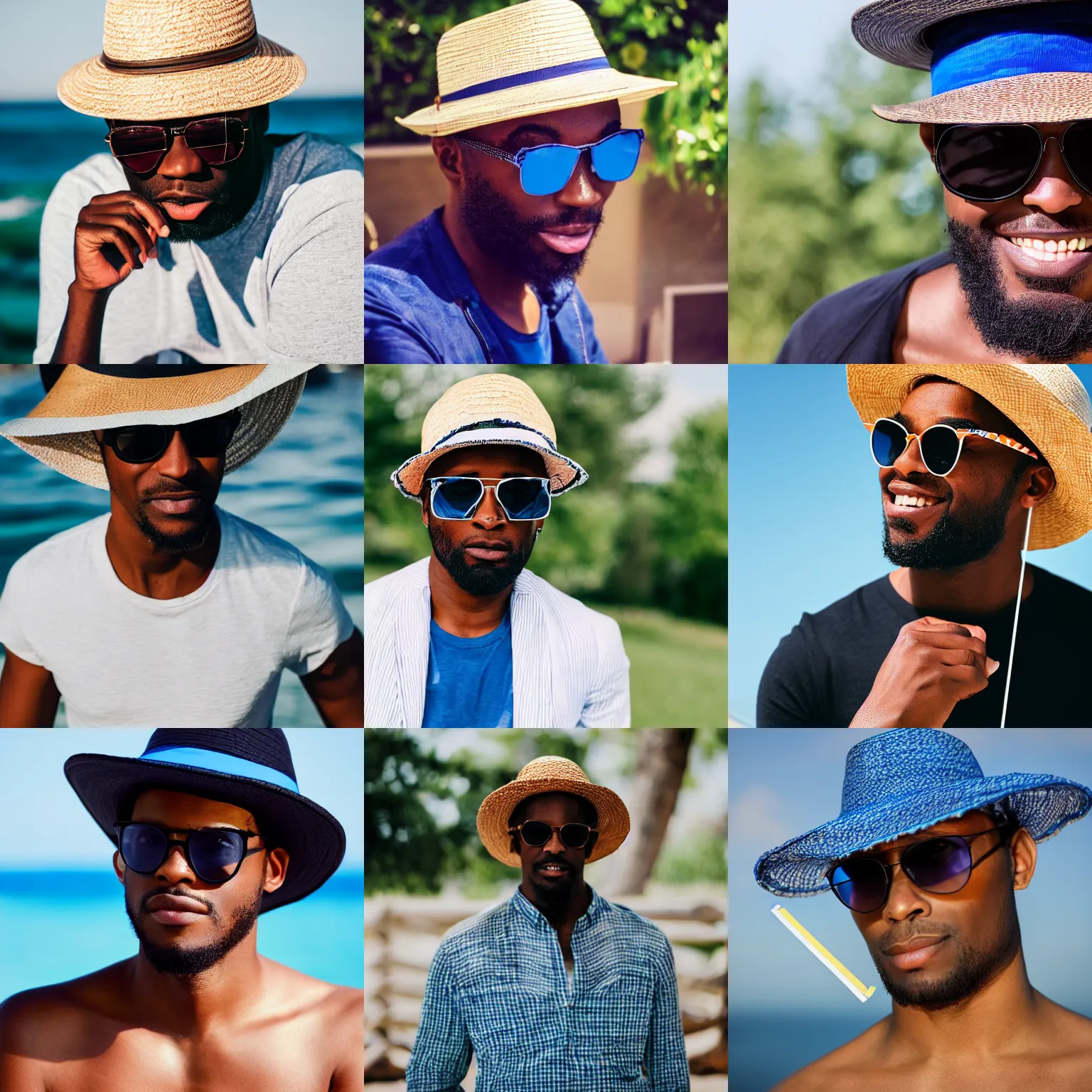 Prompt: black man wearing blue shaded sunglasses and a straw hat